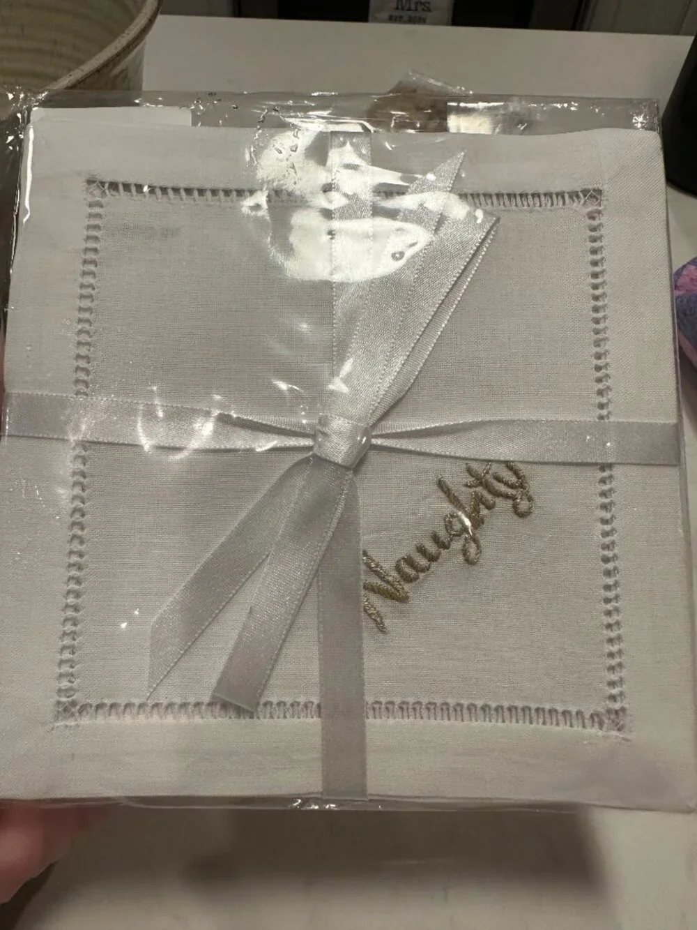 NWT Naughty & Nice Set of Four Linen 100% Cotton Cocktail Napkins Hemstitch 6x6